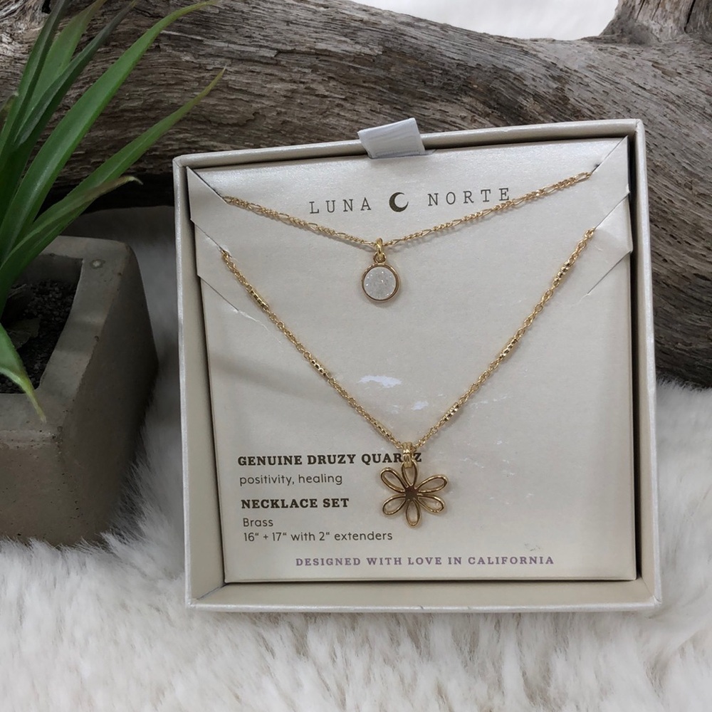 Luna Norte Druzy Quartz Layered Necklace Set NEW